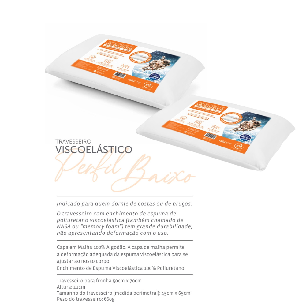 kit com 2 travesseiros de espuma viscoelástica perfil baixo premium